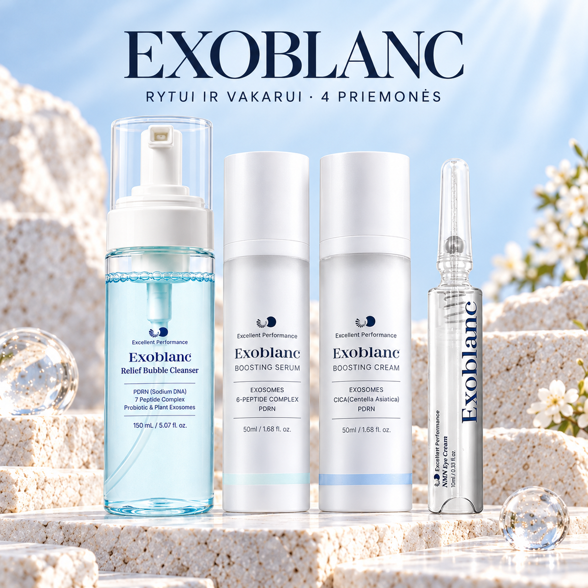 EXOBLANC rinkinys rytui ir vakarui: prausiklis 150 ml, serumas 50 ml, veido kremas 50 ml ir paakių kremas 10 ml